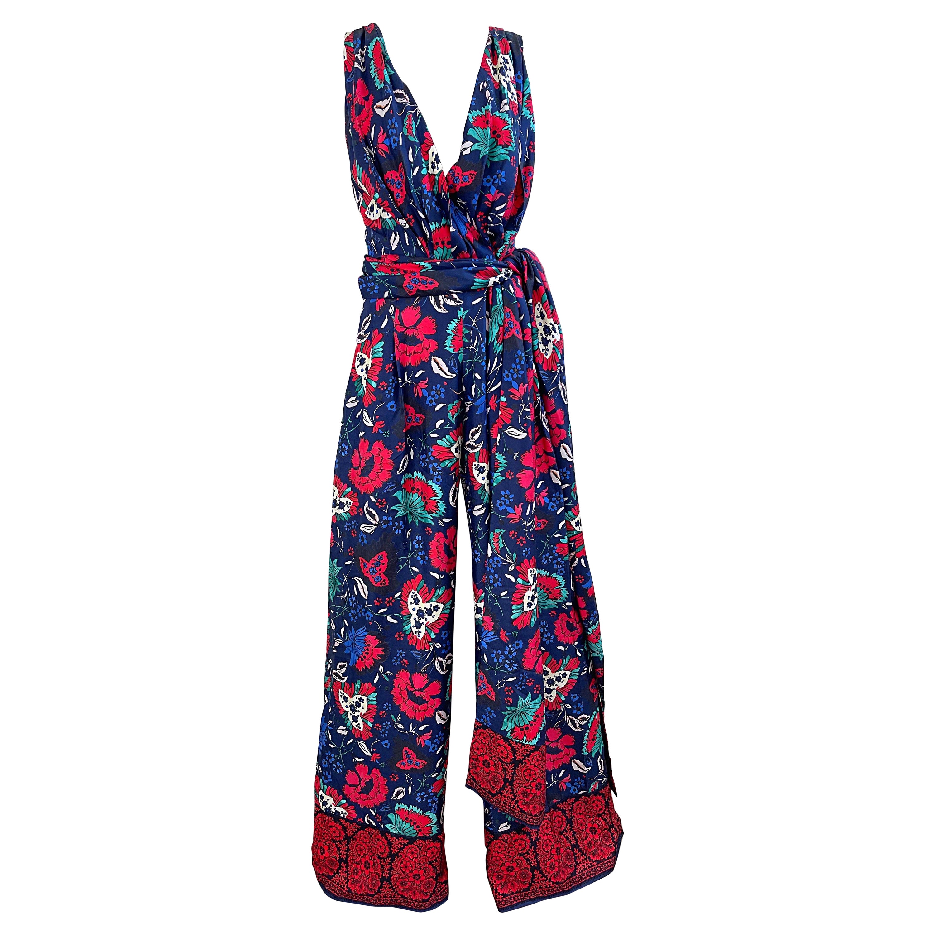 NWT Oscar de la Renta Size 8 Silk Wide Leg Navy Blue Red Floral Jumpsuit For Sale