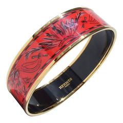 Hermes Enamel Printed Bracelet Brazil Feathers Coral Gold Hdw GM 70