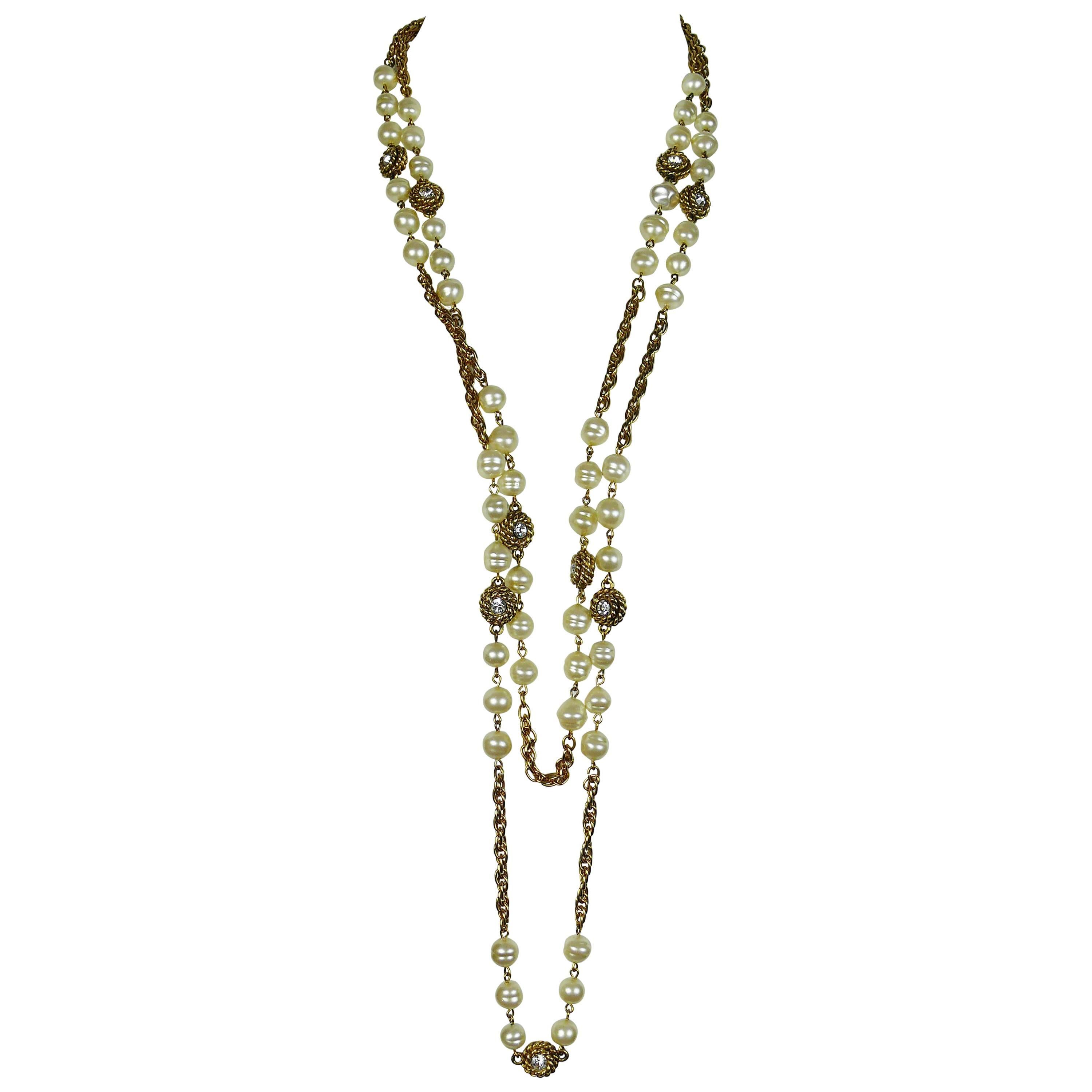 Chanel Vintage 1980s Classic Pearl and Crystal Sautoir Necklace