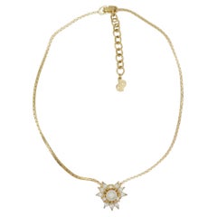 Christian Dior Used 1980s Floral Crystals Round Pearl Gold Pendant Necklace 