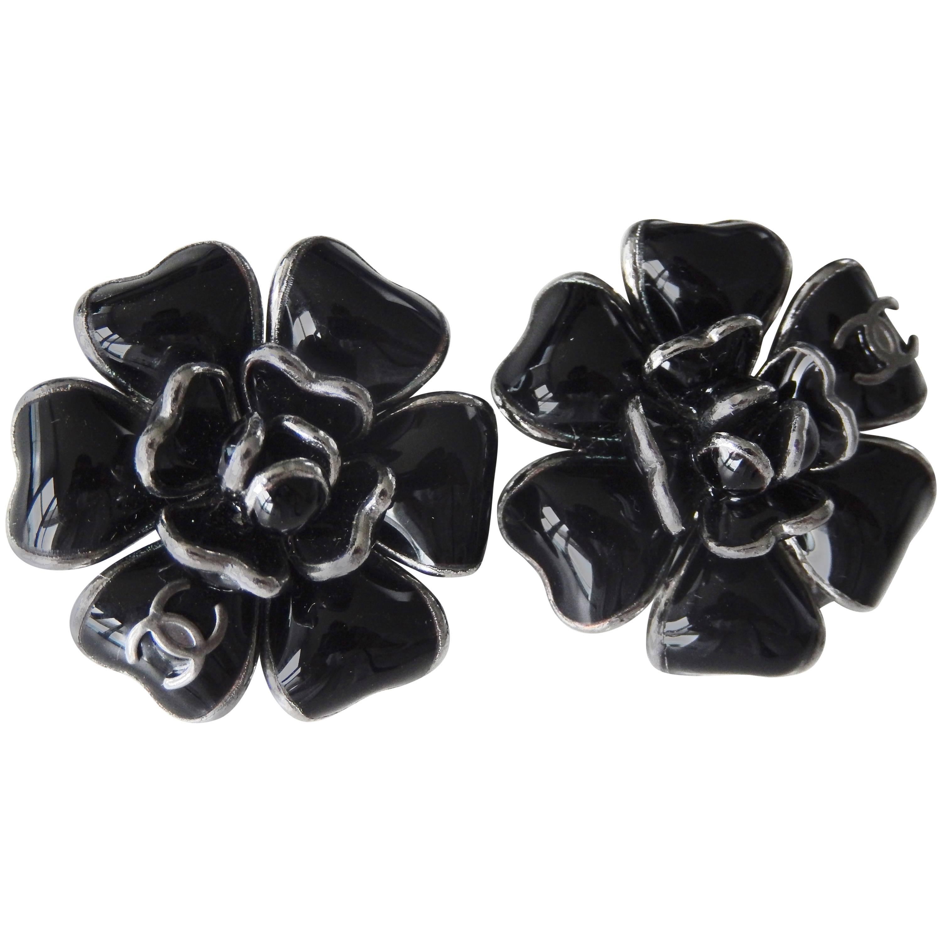  Vintage Chanel Black Gripoix "Camellia" Floral Earrings