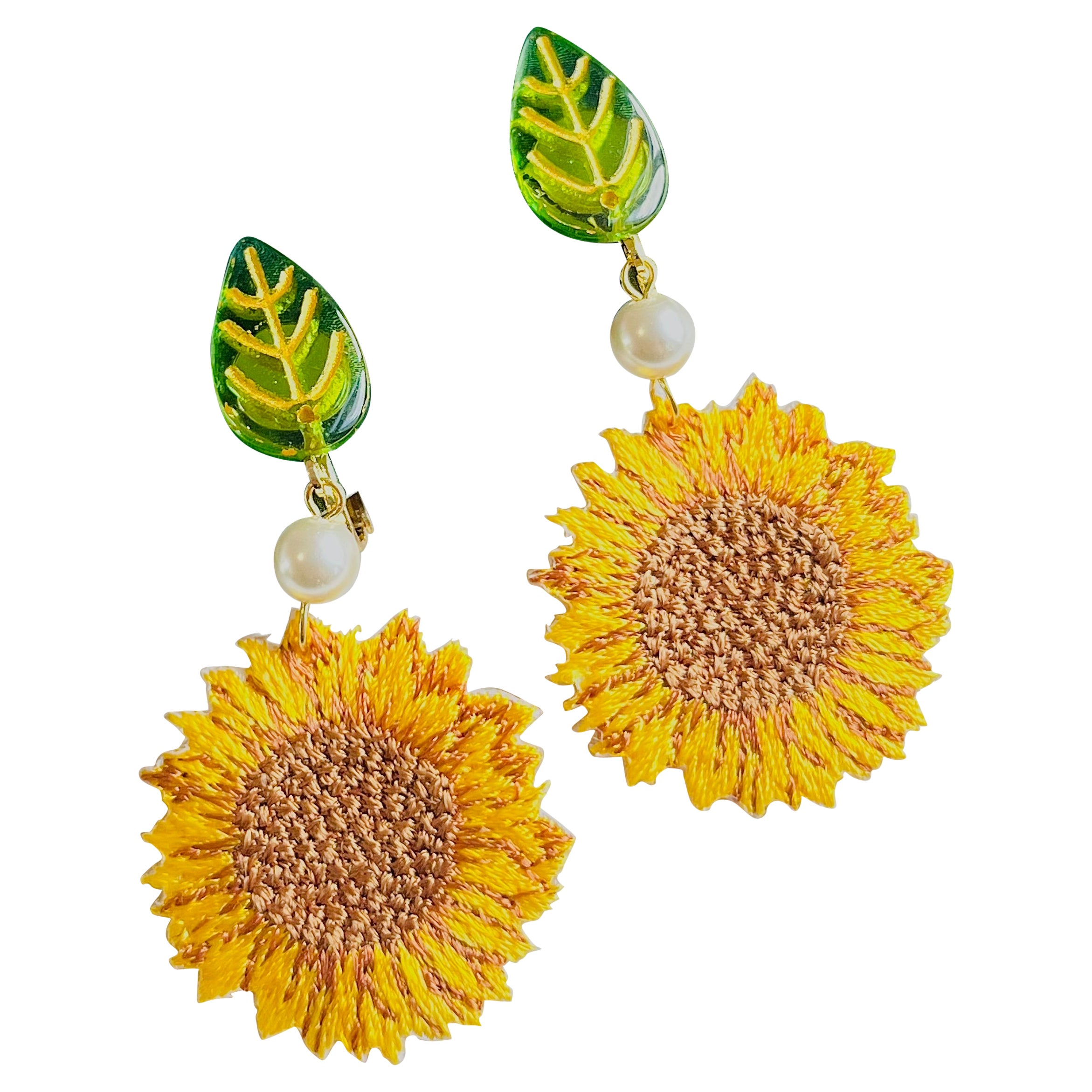 Cloth Vivid Yellow Sunflower Green Leaf White Pearl Dangle Clip On Earrings For Sale