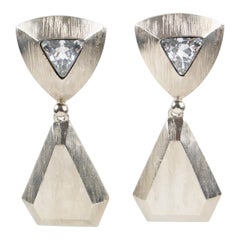 Yves Saint Laurent Dangle Clip Earrings Textured Silvered Metal