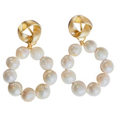 Large White Natural Pearls Circle Round Hoop Retro Gold Clip On Drop Earrings