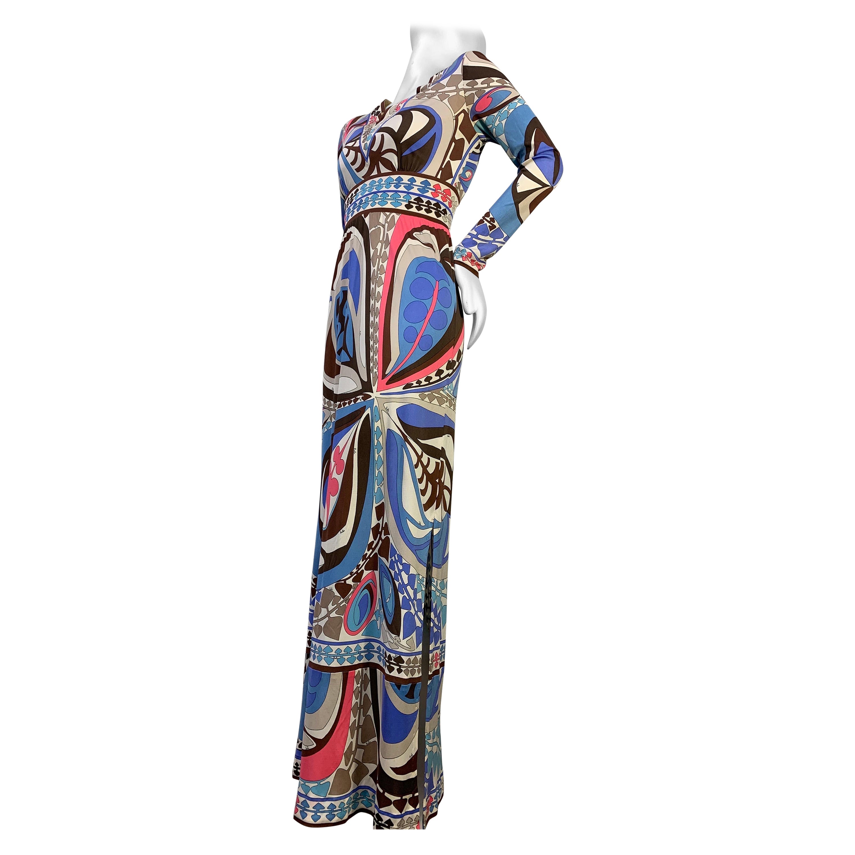 1960s Emilio Pucci Psychedelic Print Maxi Dress / Periwinkle, Pink, Brown Jersey For Sale