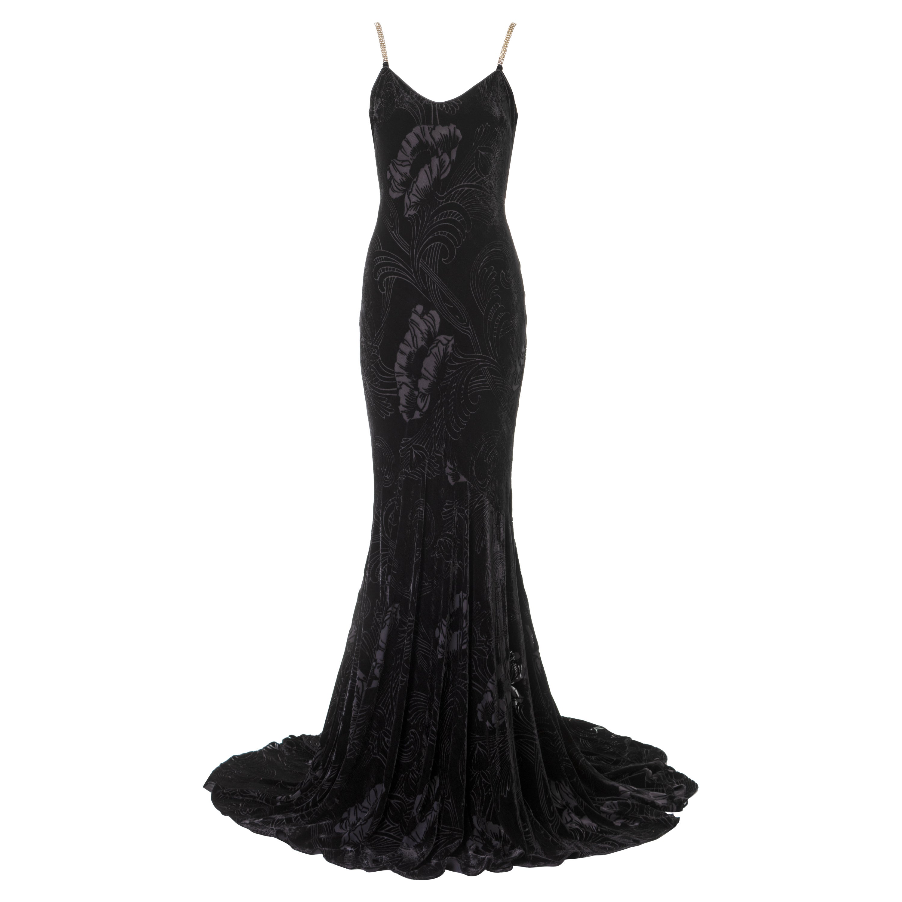 John Galliano vestido de noche negro de terciopelo cortado al bies con cola, ss 2003