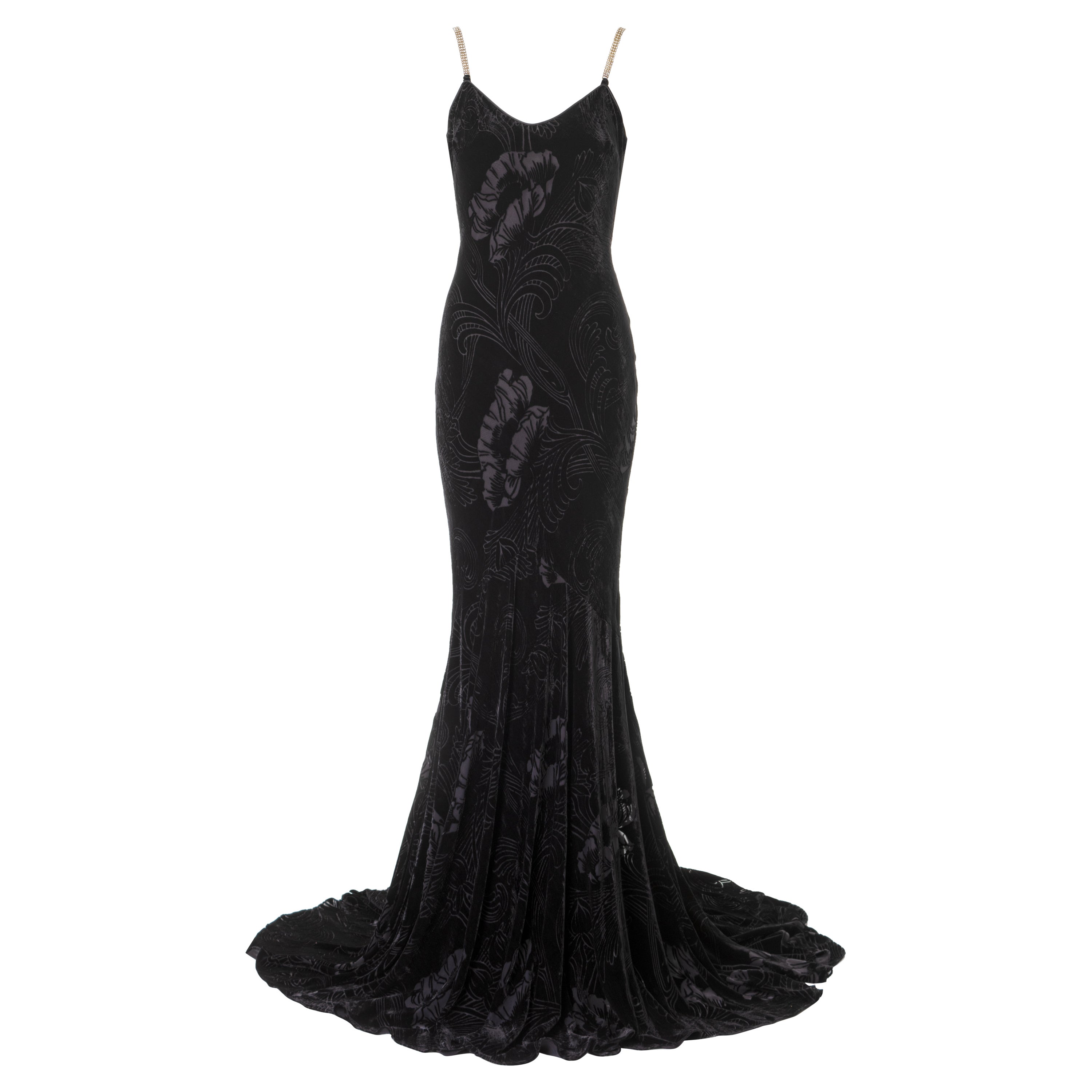 John Galliano - Robe de soirée en velours noir coupé en biais avec traîne, printemps-été 2003 en vente