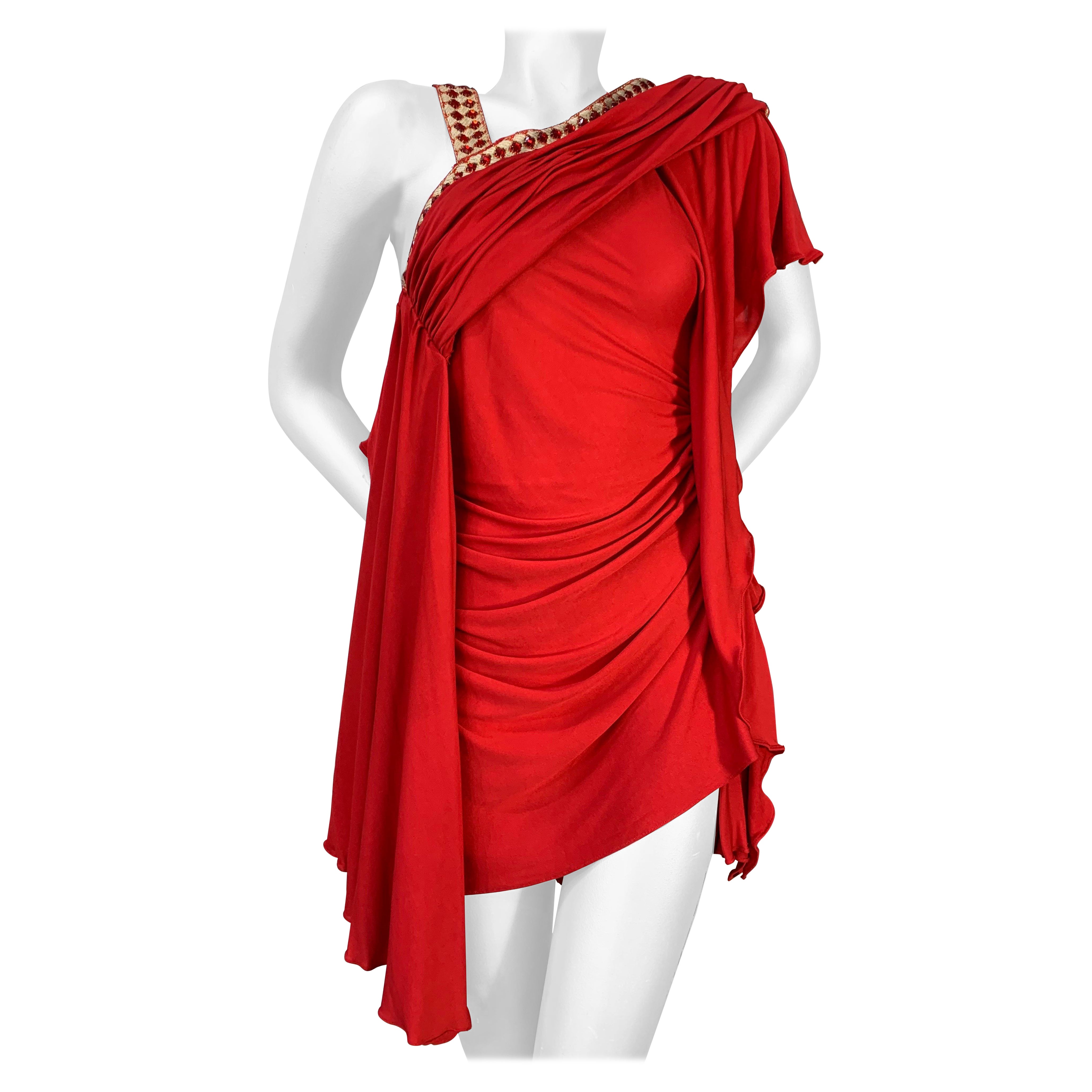 Torso Creations Red Matte Jersey Draped & Ruched Tango Dress w Rhinestone Trim For Sale