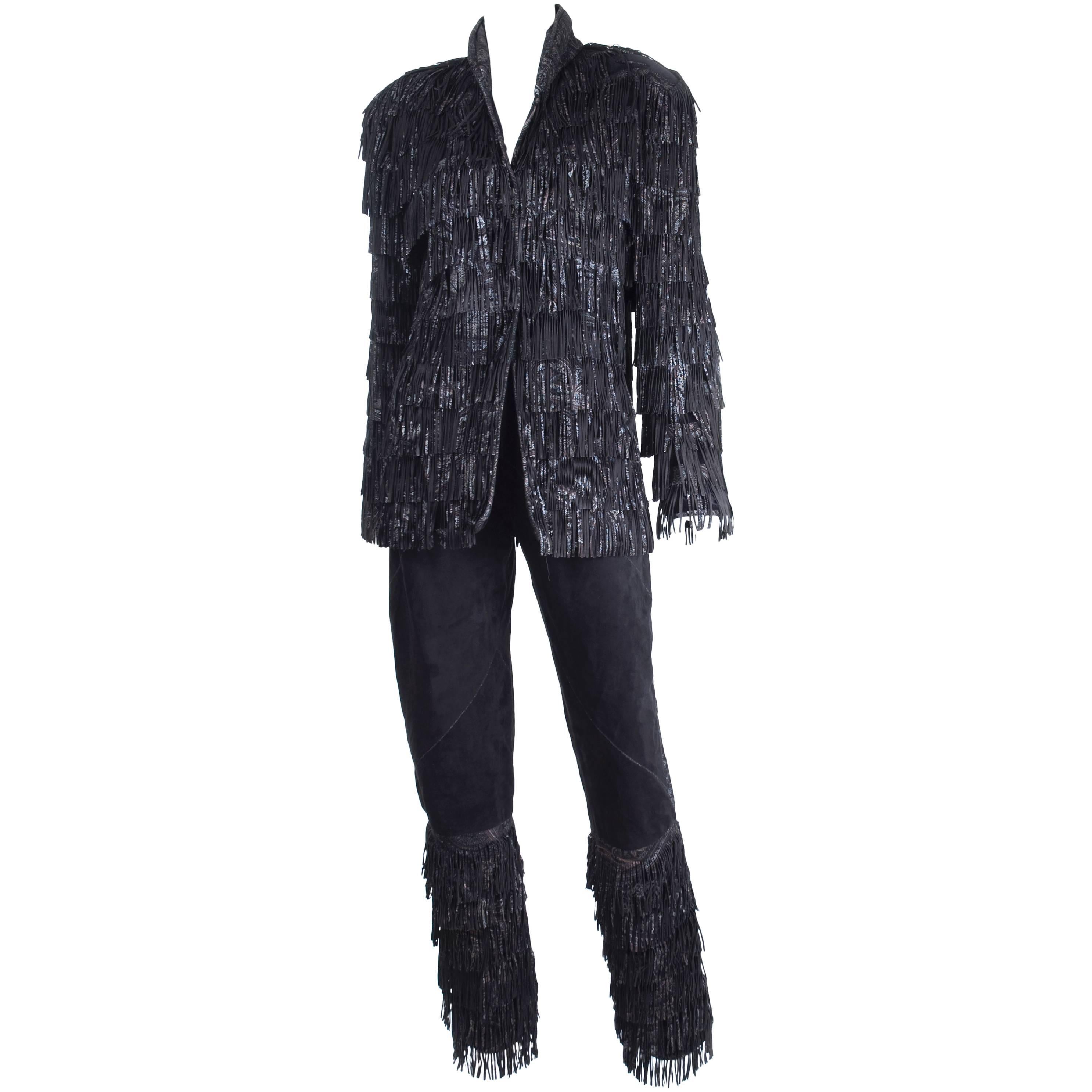 Vintage 80s Roberto Cavalli Suede Suit with Fringes For Sale