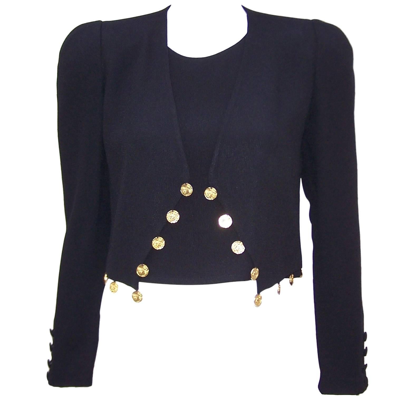1980's Sonia Rykiel Black Crepe Coin Embellished Jacket With Matching Shell
