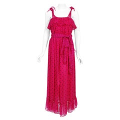 Retro 1979 Yves Saint Laurent Shocking Pink Polka Dot Silk Sash Maxi Dress