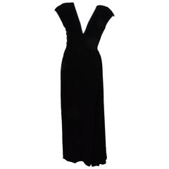 Vintage Valentino Boutique Black Velvet V Neck Sleeveless Draped Gown SZ 8