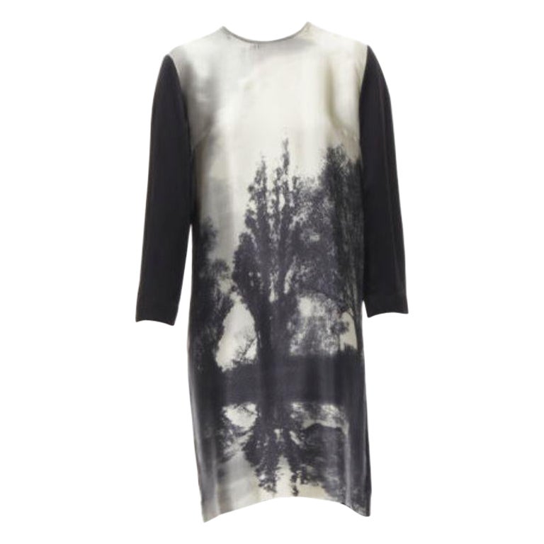 STELLA MCCARTNEY 100% silk black grey tree photo print crew neck dress For Sale