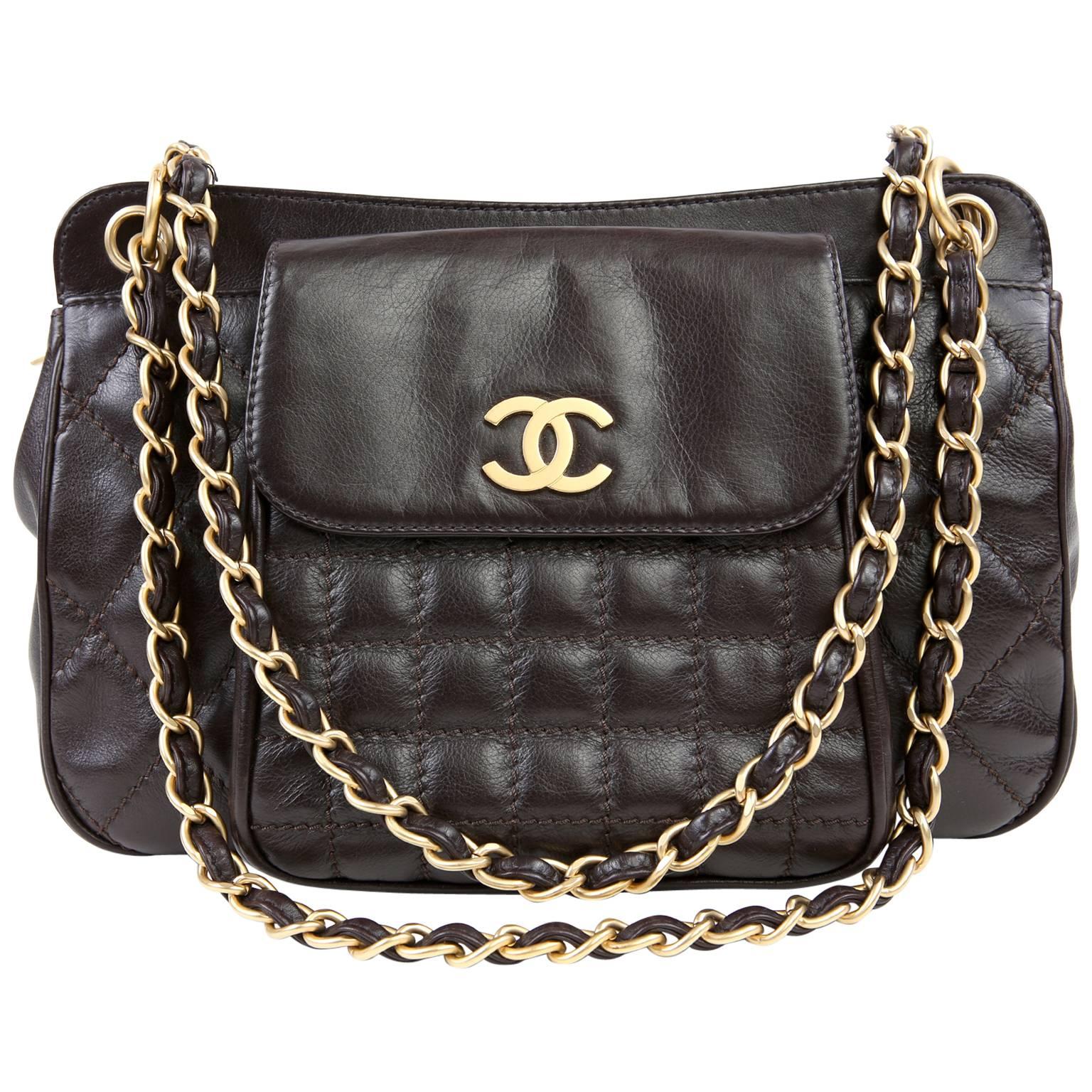Chanel Dark Brown Leather Quilted Pocket Tote Bag For Sale
