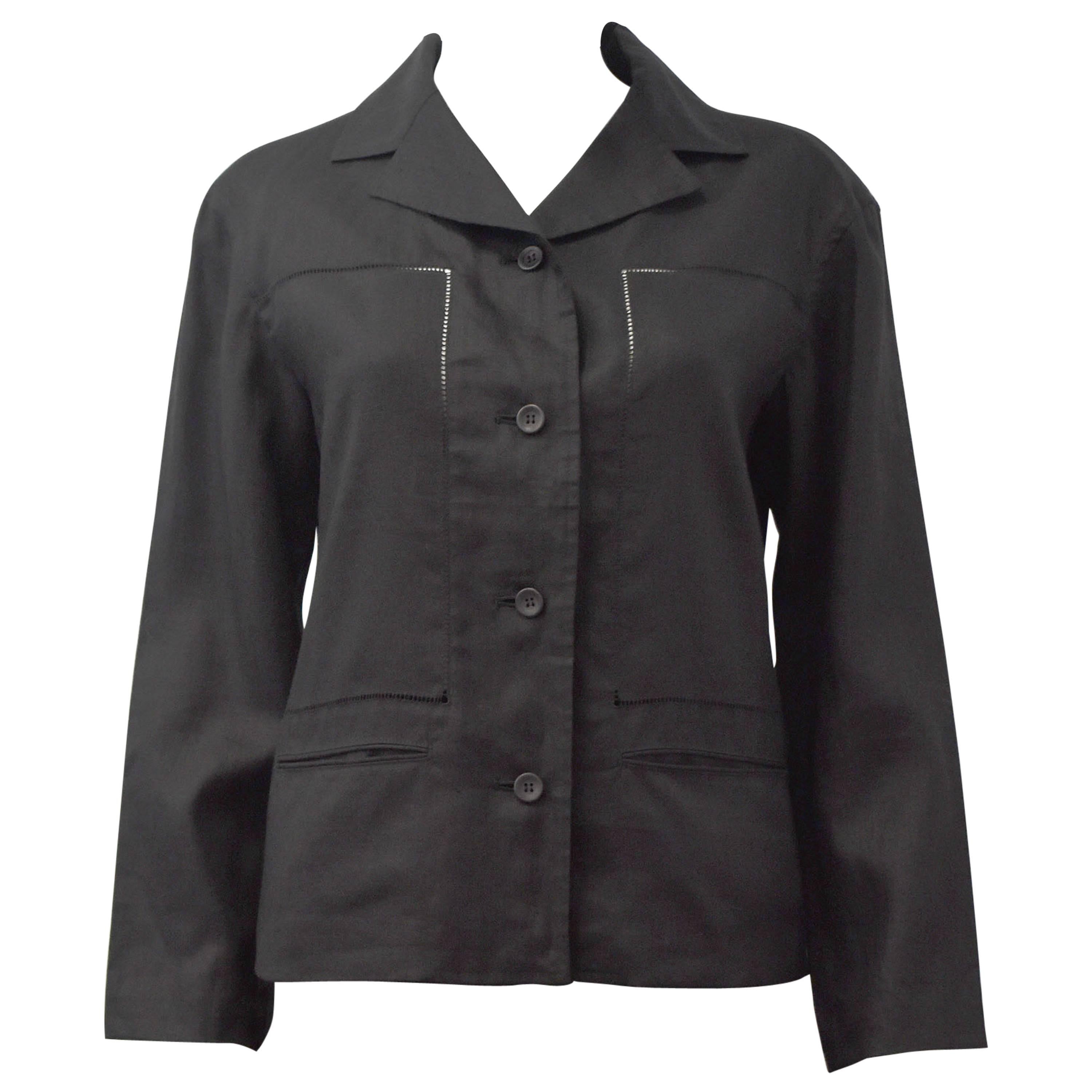 Issey Miyake Black Linen Jacket with fagotted panels  For Sale