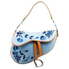 Christian Dior Light Blue Tan Denim Leather Embroidered Shoulder "Saddle" Bag