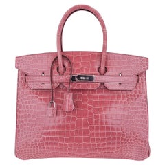 Hermes Birkin 35 Rose Indien Porosus Crocodile Bag Palladium Very Rare