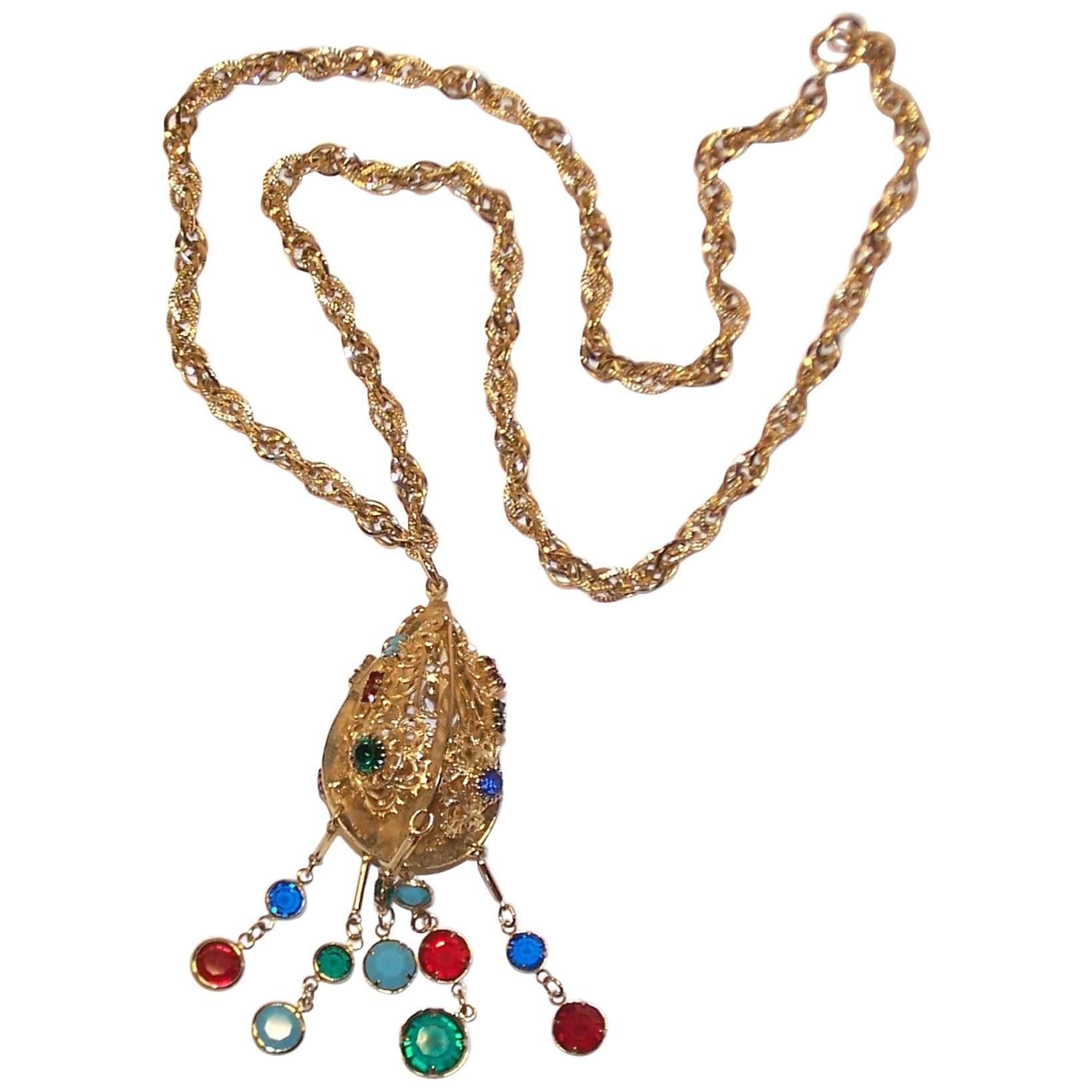 Colorful C.1970 Bejeweled Pendant with Gold Metal Rope Chain