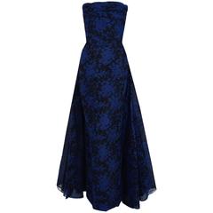 Used 1950's Elizabeth Arden Couture Blue-Roses Lace Strapless Hourglass Trained Gown