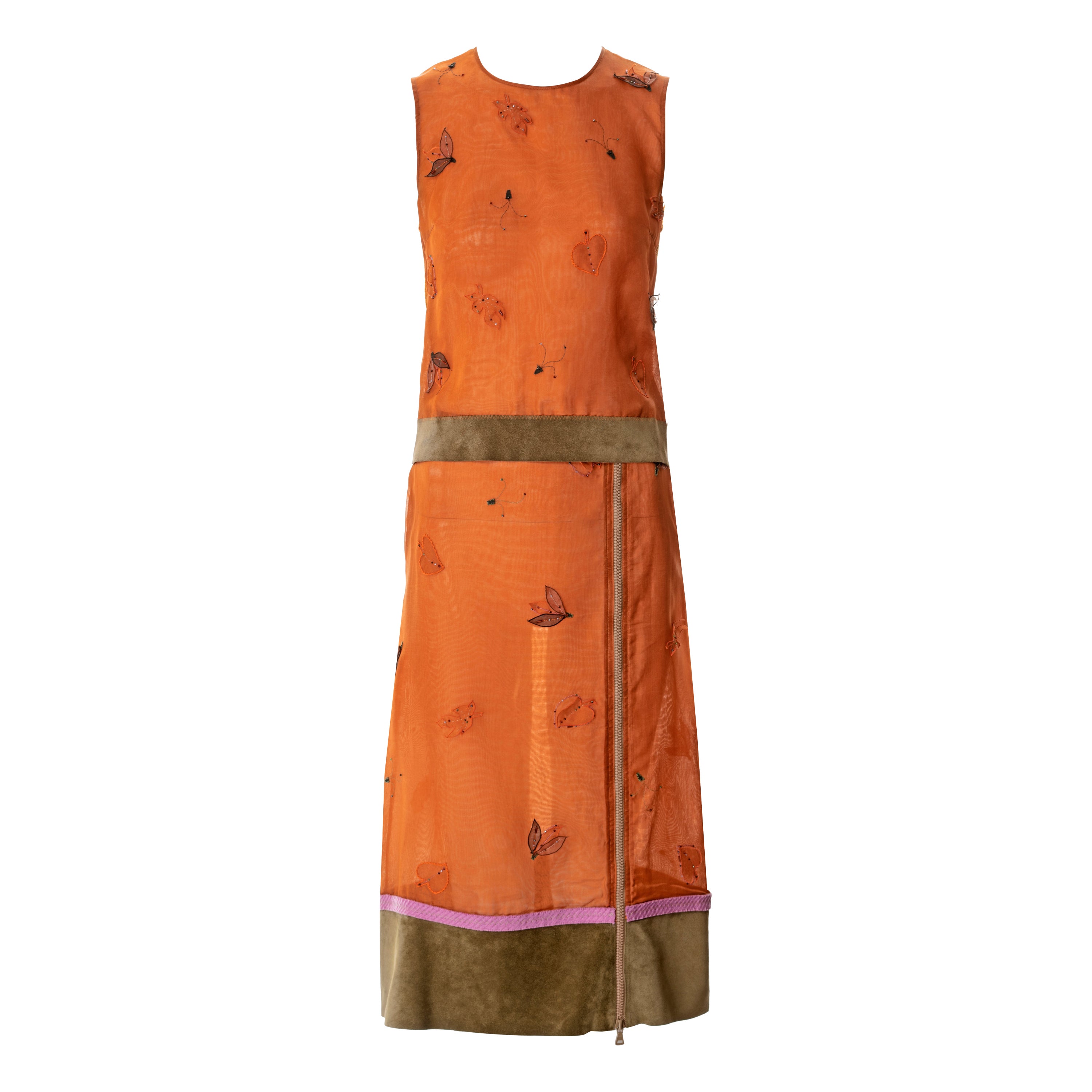 Prada embellished orange silk organza top and skirt set, fw 1999 For Sale