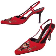 Bavarian Style 1990's Manolo Blahnik Embroidered Wool Slingback Shoes