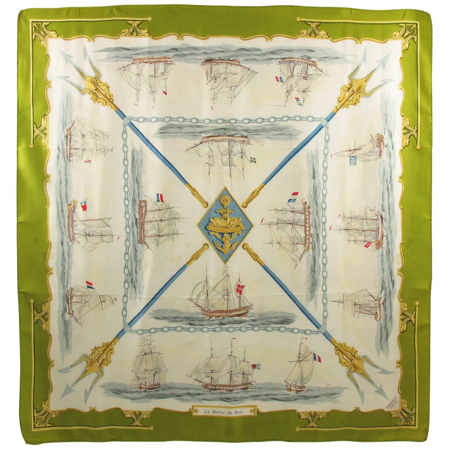 Hermes La Marine En Bois Silk Scarf by Hugo Grygkar 1957