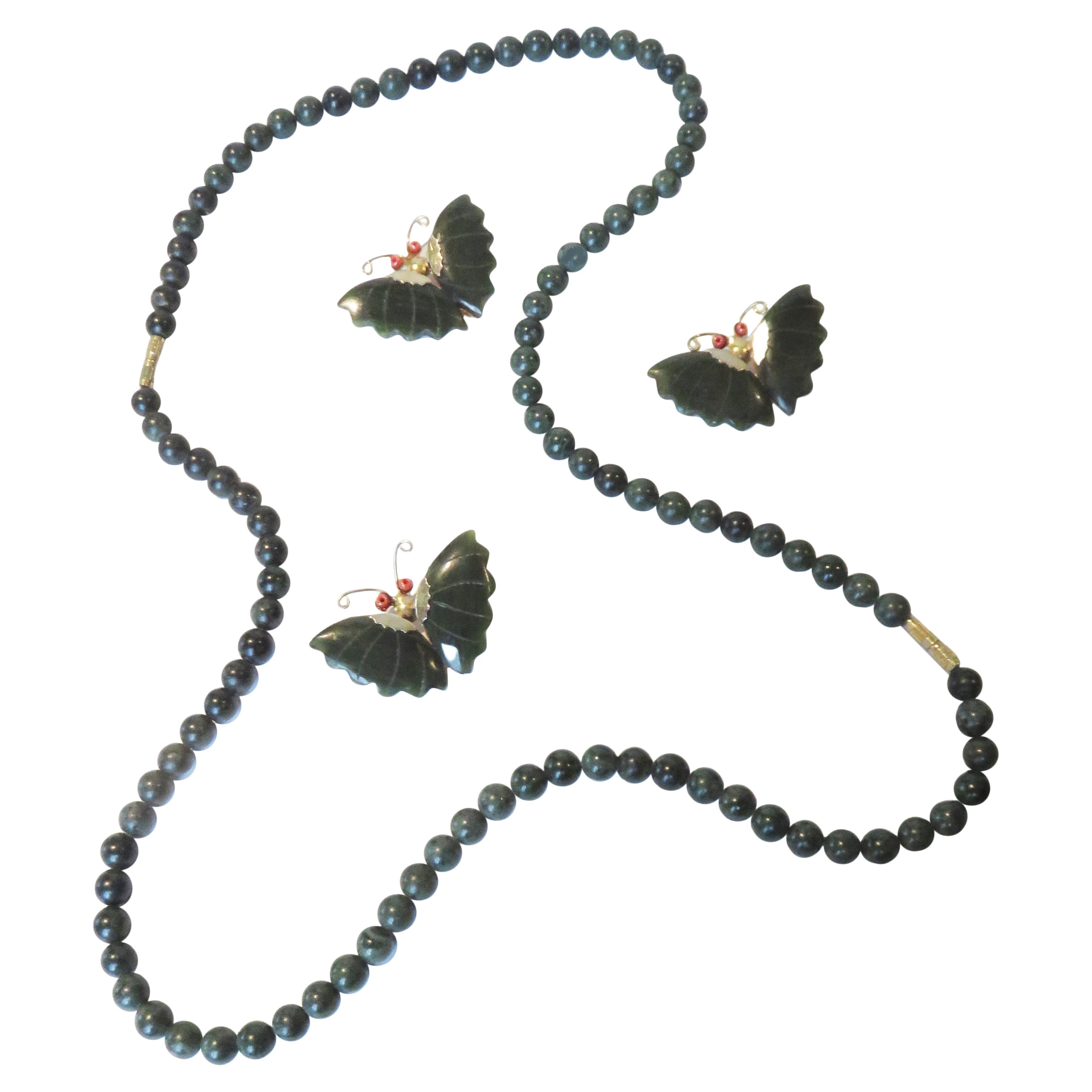 Jade Necklace and 3 Jade Butterfly Pins For Sale