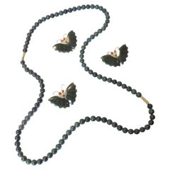 Retro Jade Necklace and 3 Jade Butterfly Pins