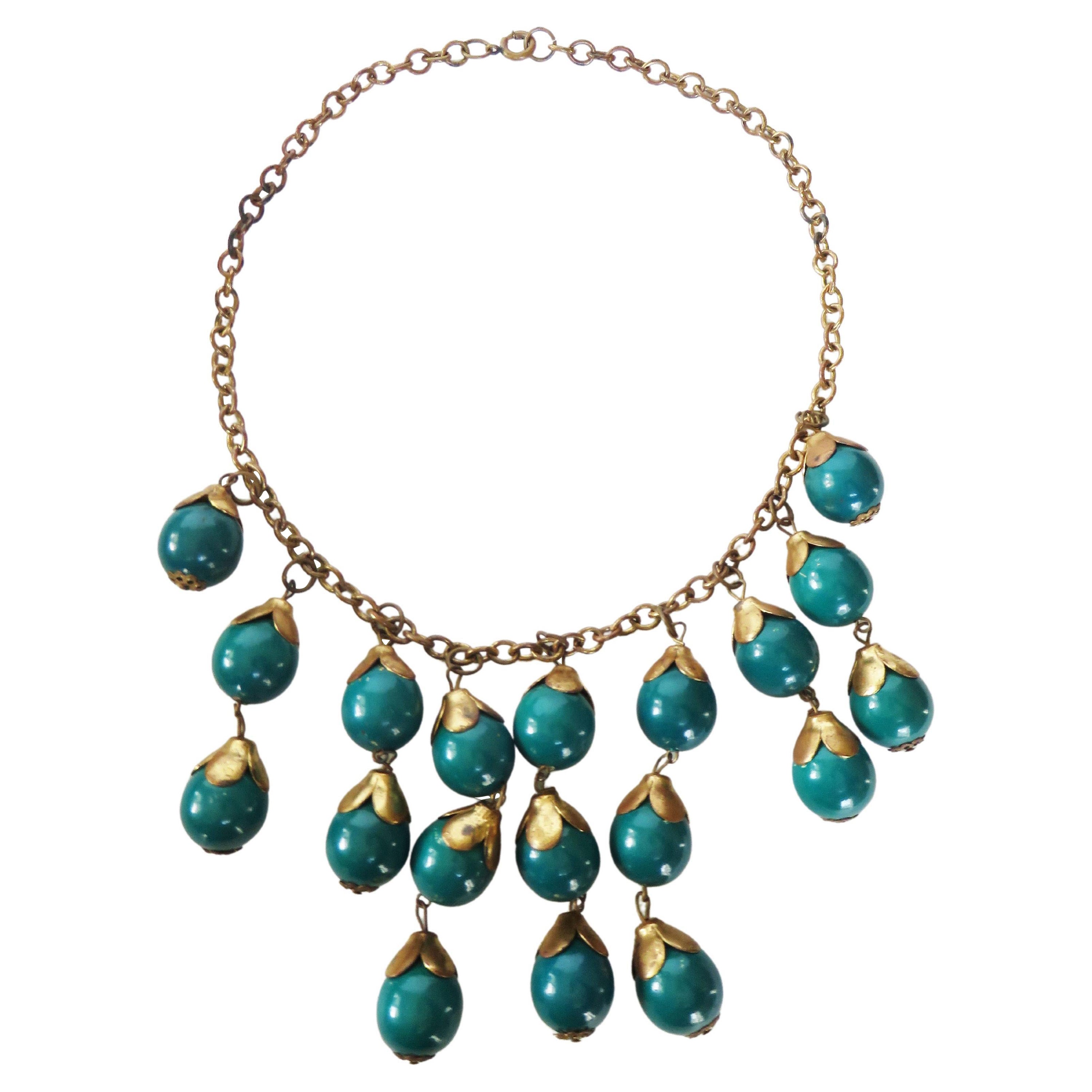Brass and Celluloid Ball Drop 1940s Necklace For Sale