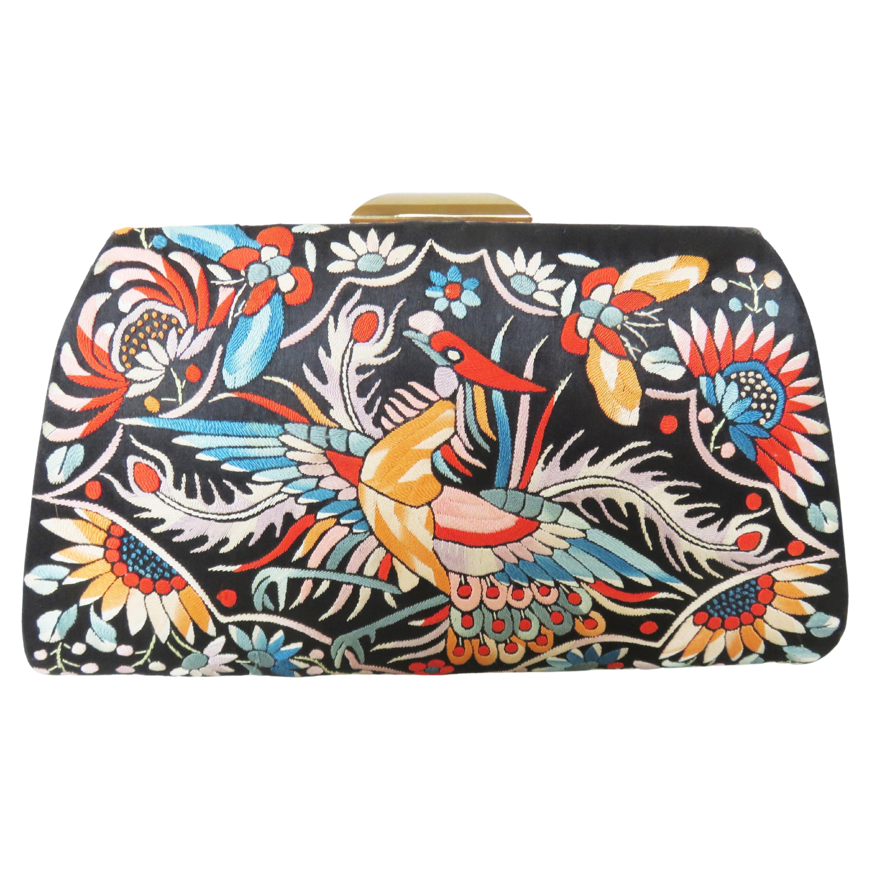 1940s Elaborately Embroidered Bird Silk Box Clutch For Sale
