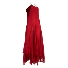 1980s James Galanos Red Silk Chiffon & Velvet Handkerchief Hem Slip Dress