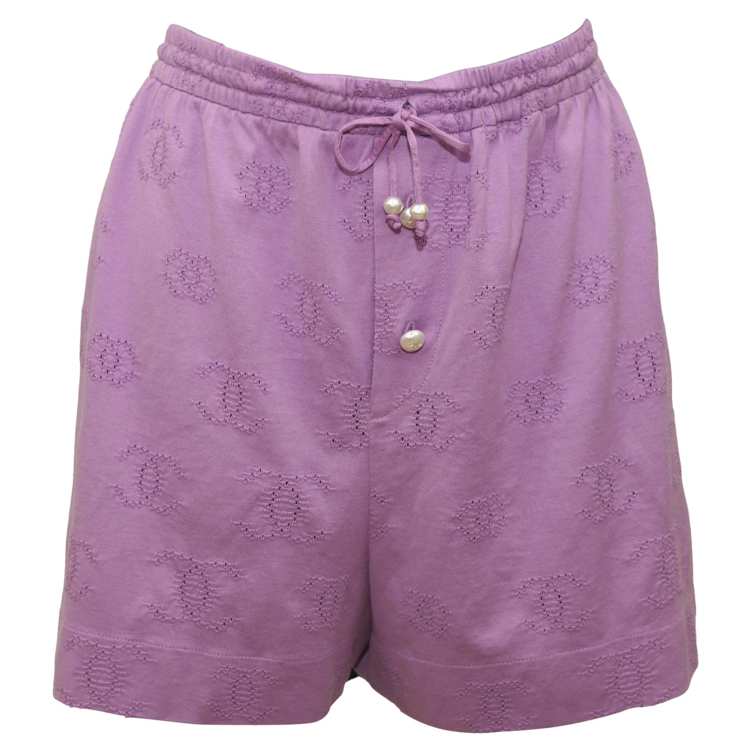 CHANEL Purple Shorts CC Logo Faux Pearls Slip Elastic On XS 2022 22S NWT $1800
