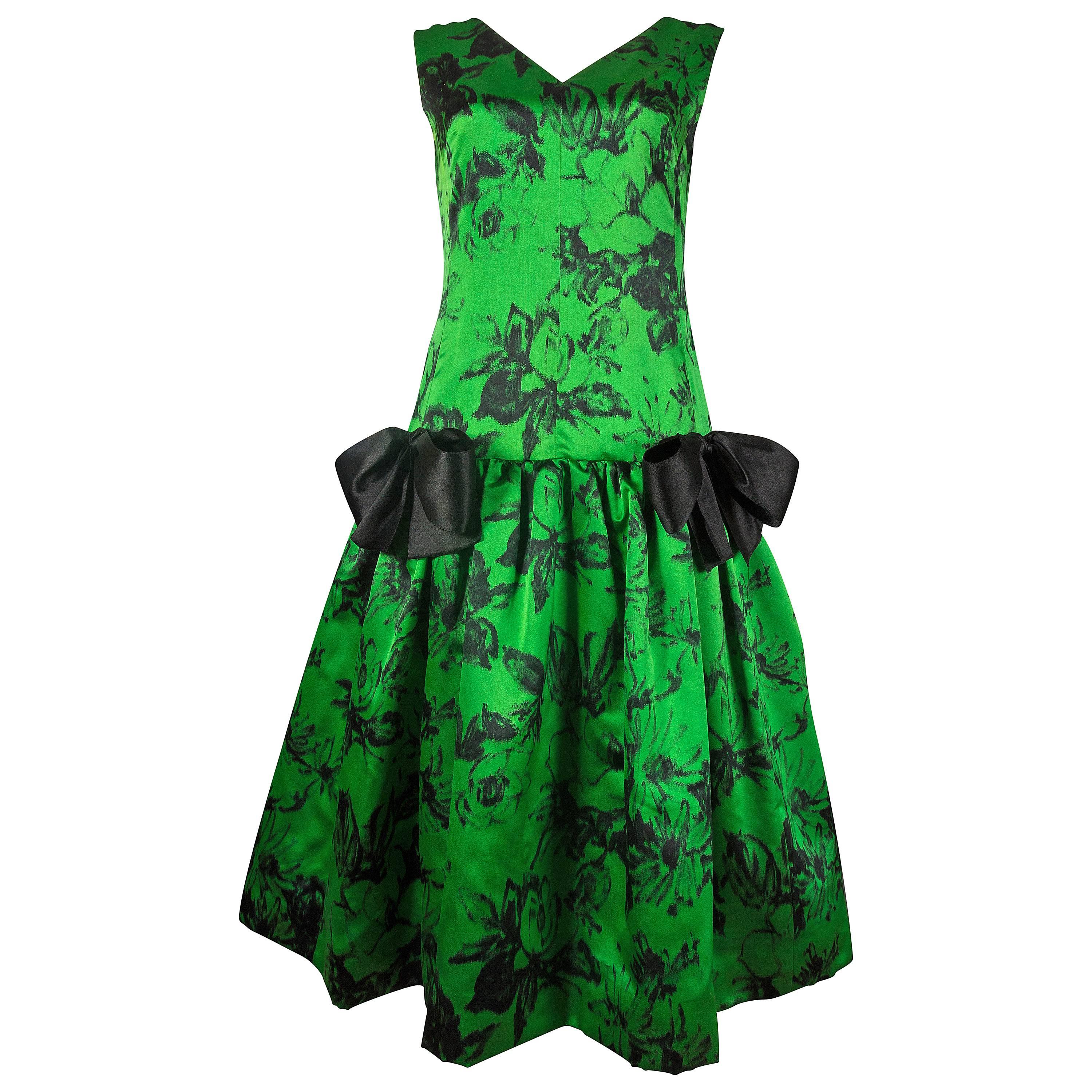 Paul Daunay Couture green floral silk cocktail dress, circa 1952-57 For Sale