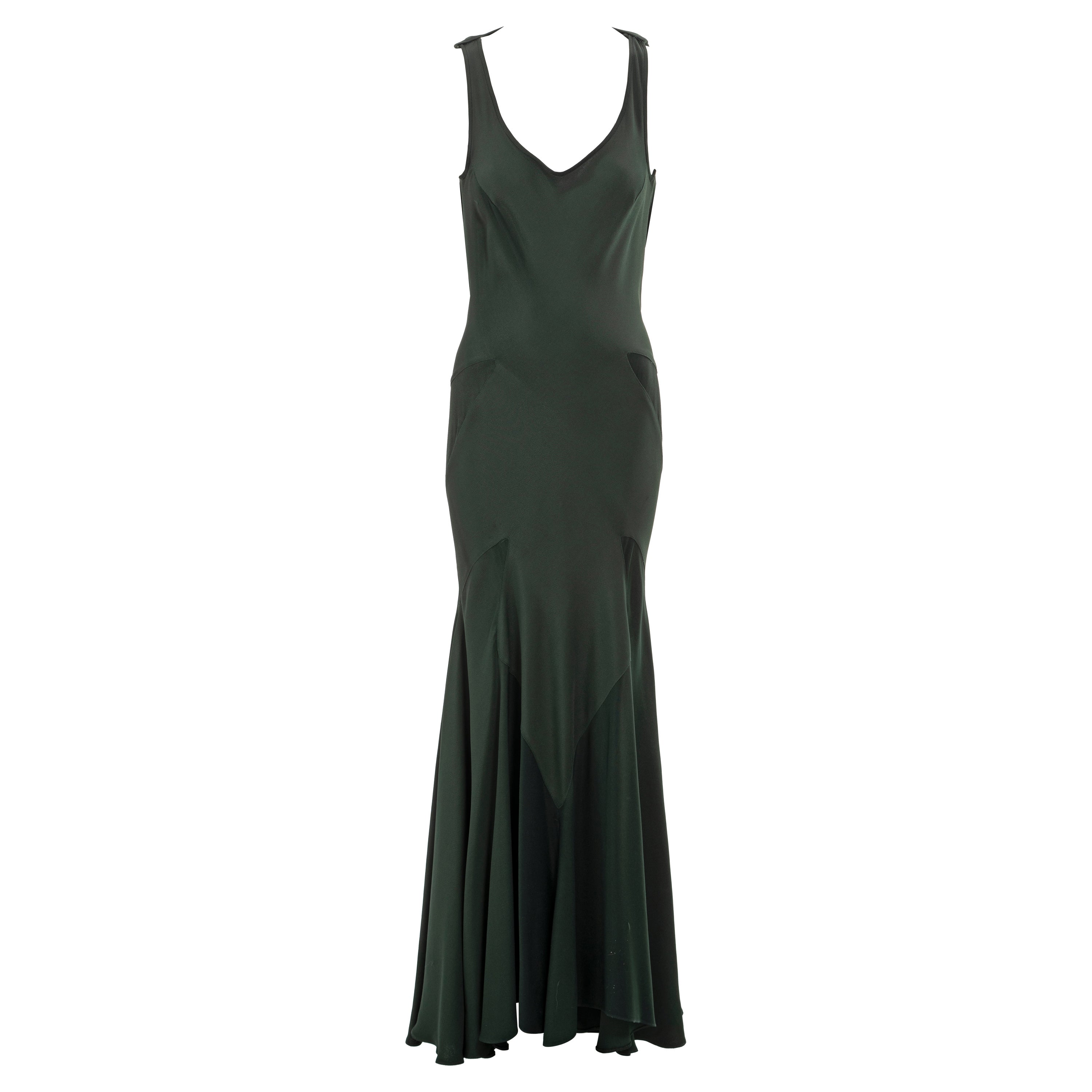 John Galliano, robe du soir en crêpe coupé en biais, vert bouteille, fw 1988 en vente