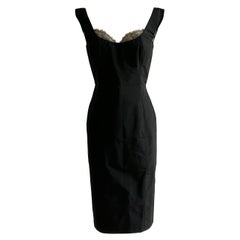 Alexander McQueen 2005 Black Silk Sleeveless Midi Cocktail Dress with Lace Trim