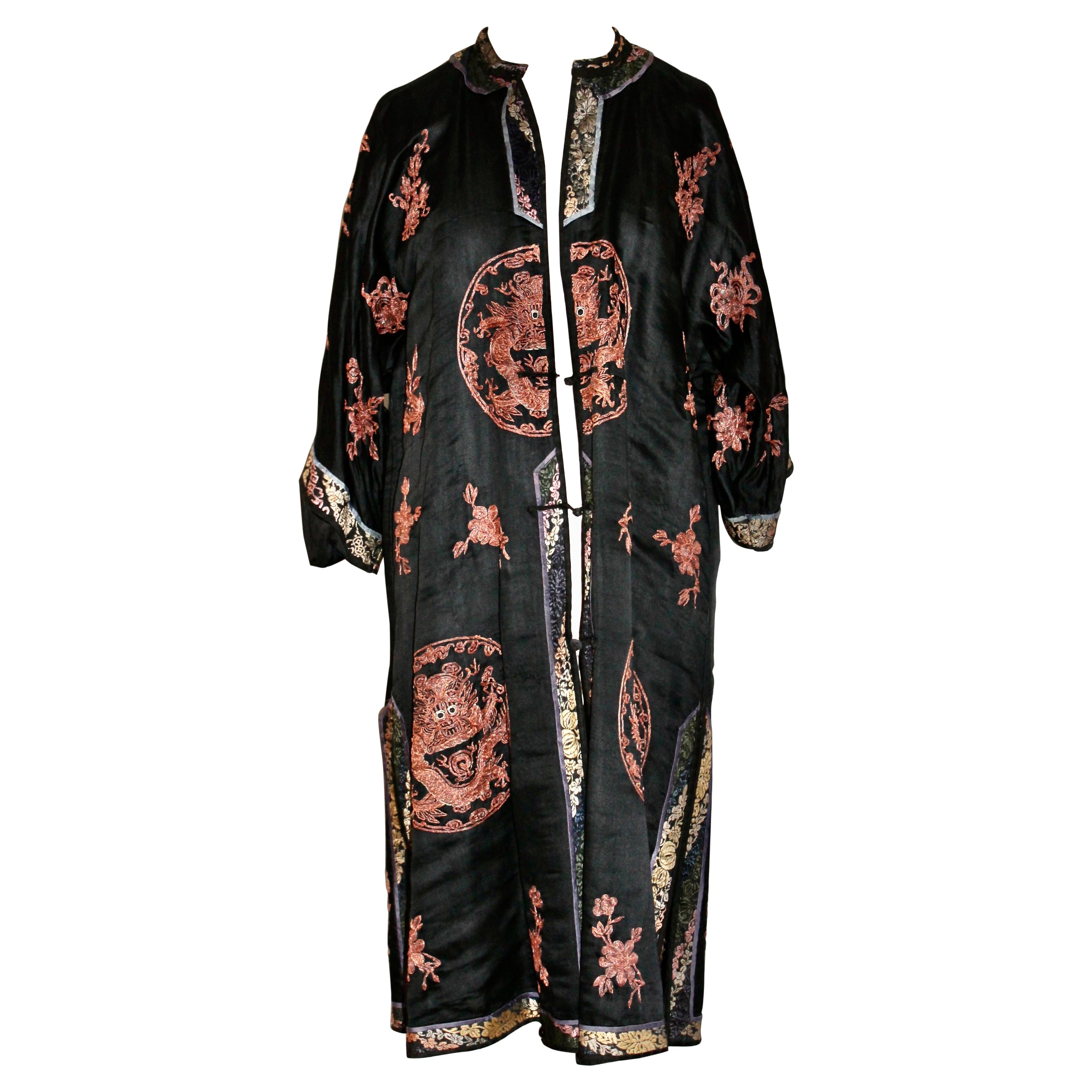 Early 20th Century Chinese Robe with Metallic Dragon Embroidery For Sale