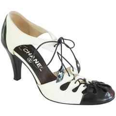 Chanel Ivory & Black Patent Oxford Style Cutout Heels - 36.5