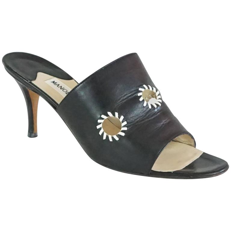 Manolo Blahnik Black Leather Mules with White Stitched Cutouts - 37 For ...