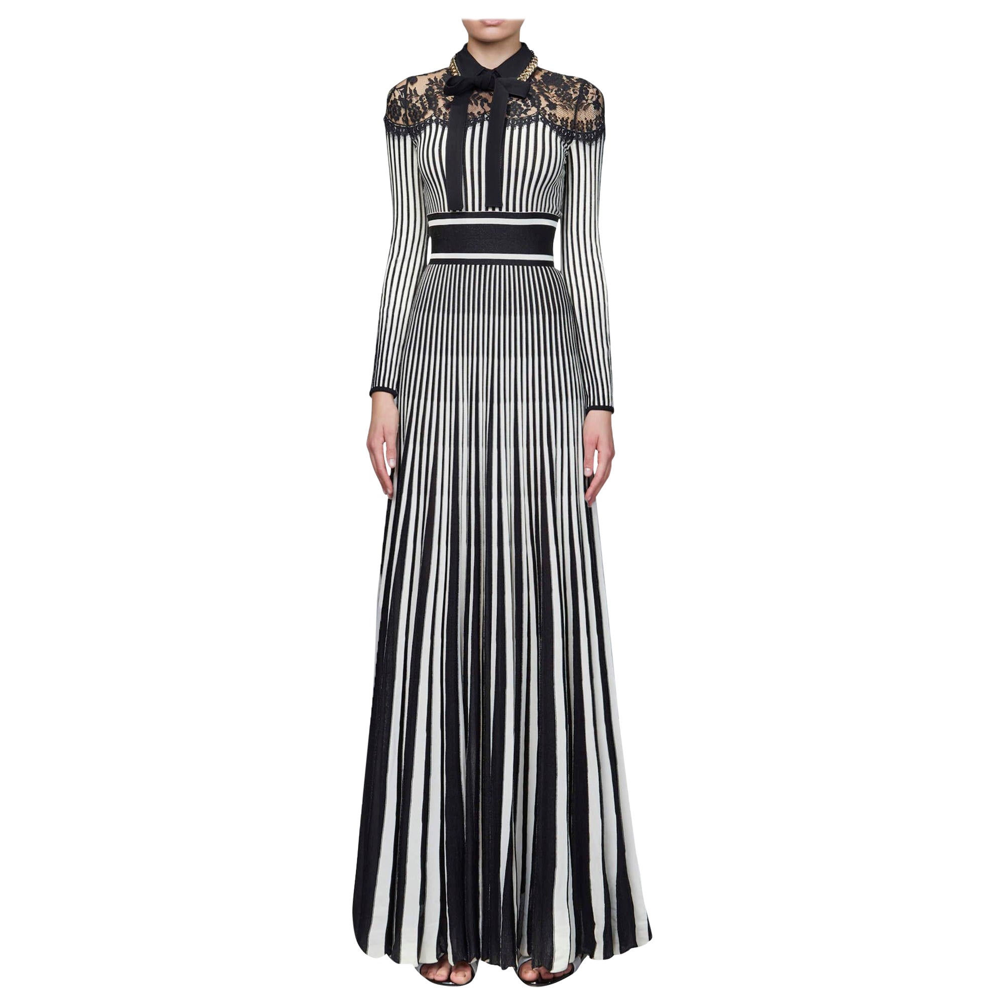 Elie Saab Black & White Knit And Lace Trim Full Sleeve Long Dress M