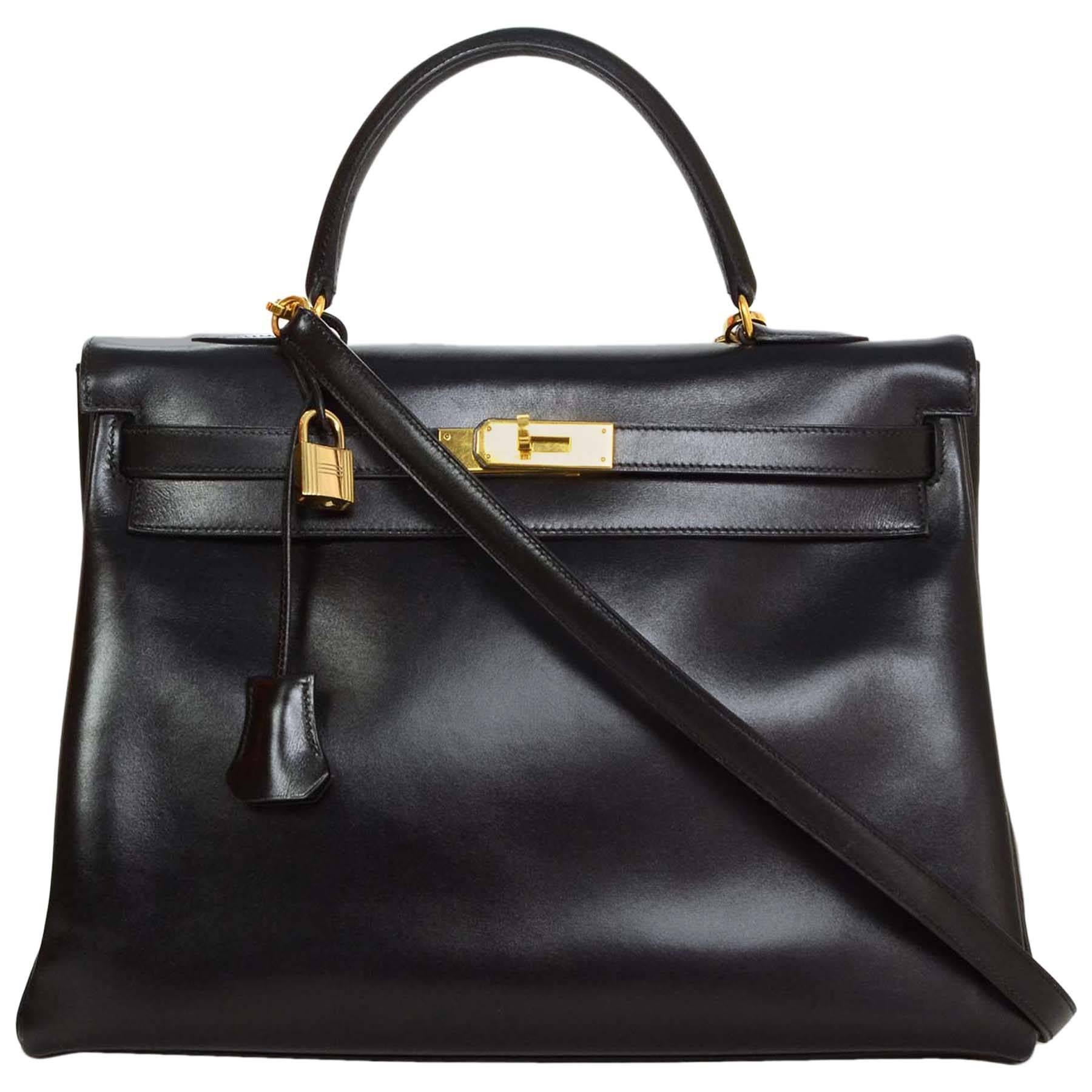 8/30 Hermes Vintage Black 35cm Kelly Retourne Bag