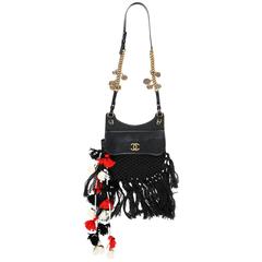 Chanel Black Bohemian Runway Tasseled Cross Body Bag- Crochet and Fringe