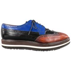 PRADA Uomo Taglia 11.5 Blu, Nero e Marrone in Pelle Primavera 2011, Brogues con Piattaforma