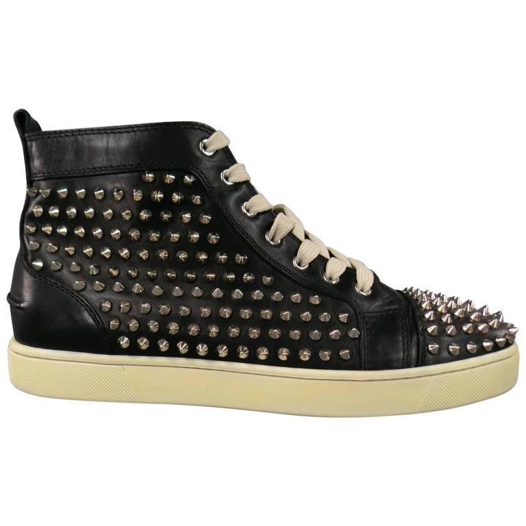 Men's CHRISTIAN LOUBOUTIN Size 11 Black Leather Silver Spikes LOUIS ...