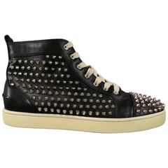 Used Men's CHRISTIAN LOUBOUTIN Size 11 Black Leather Silver Spikes LOUIS FLAT Sneaker