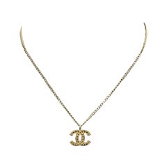 Chanel Light Gold Metal Chain Necklace CC Logo Pendant
