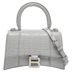 Balenciaga Grey Croc Embossed Leather XS Hourglass Top Handle Bag