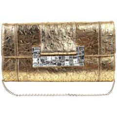 Judith Leiber Gold Ostrich and Crystal Clutch with strap