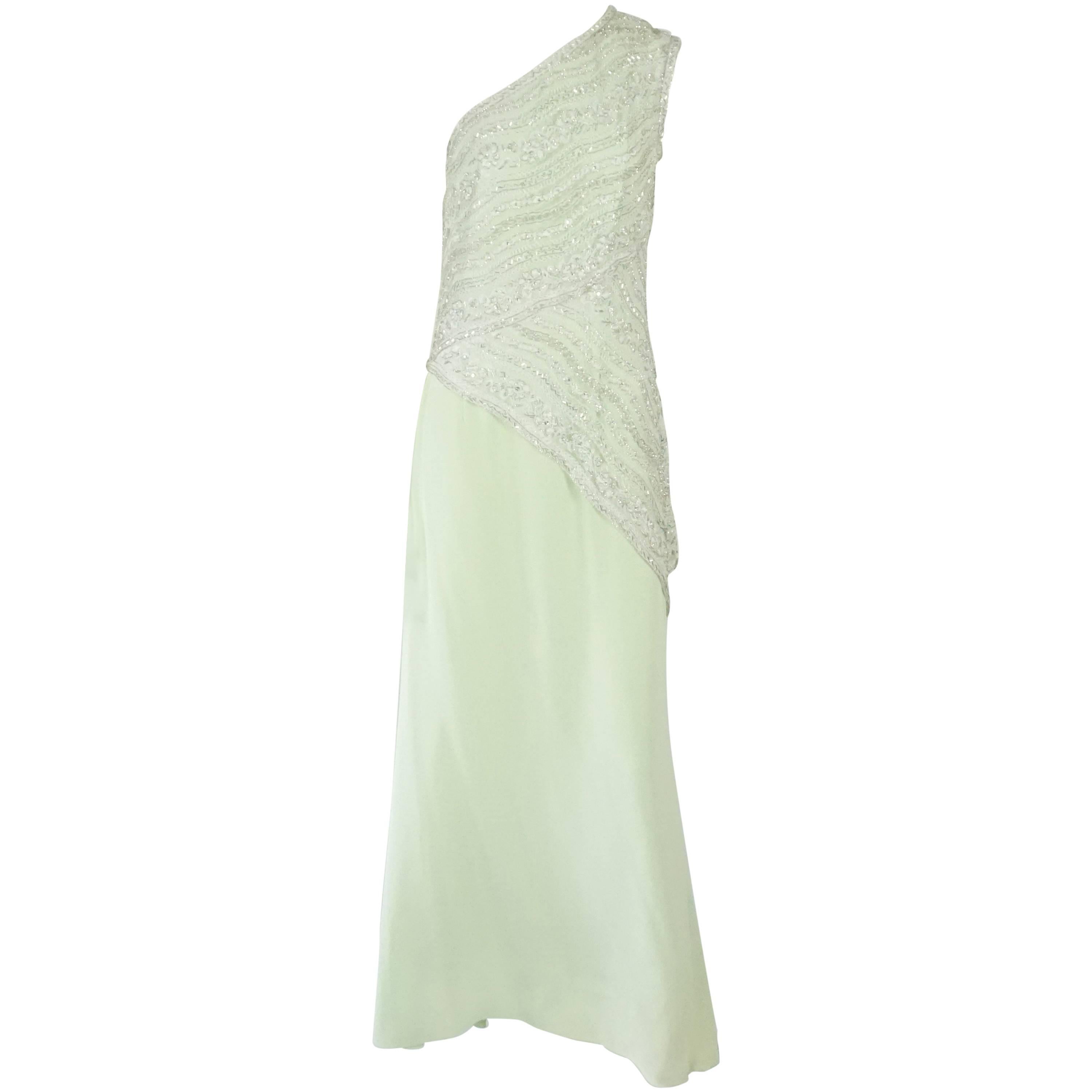 Bob Mackie Mint Silk and Lace Beaded One Shoulder Gown, 1980s