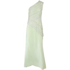 Bob Mackie Mint Silk & Lace Beaded One Shoulder Gown - 12 - 1980's 3