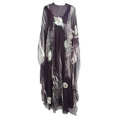 Thea Porter Eggplant & White Printed Silk Chiffon Seashell Caftan - OS - 1970's 5